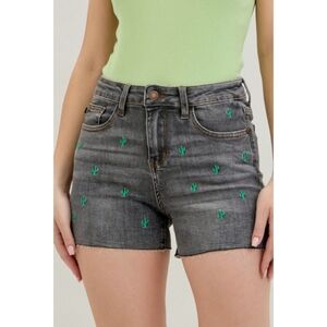 Judy Blue Gray Denim Cactus Embroidered Cut-off Shorts